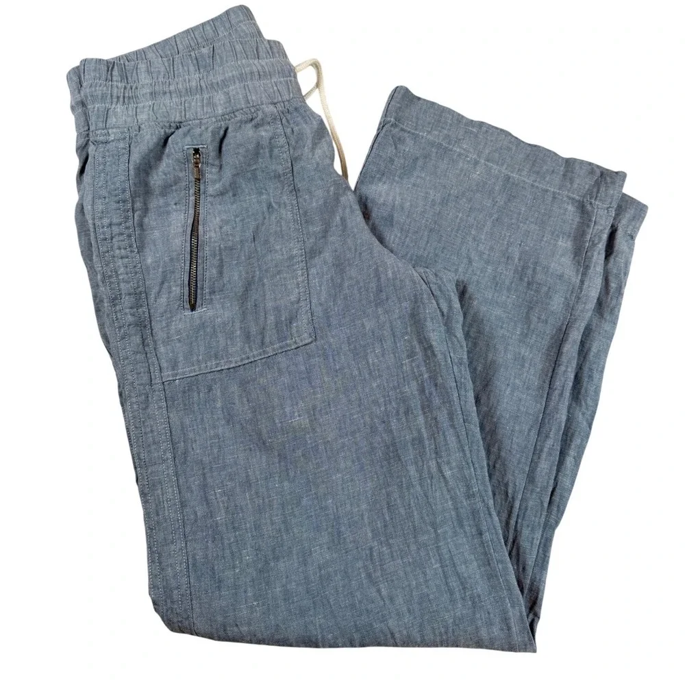 Athleta Cabo Linen Wide Leg Pants‎ Womens 6 Blue Coastal Lagenlook Elastic Waist